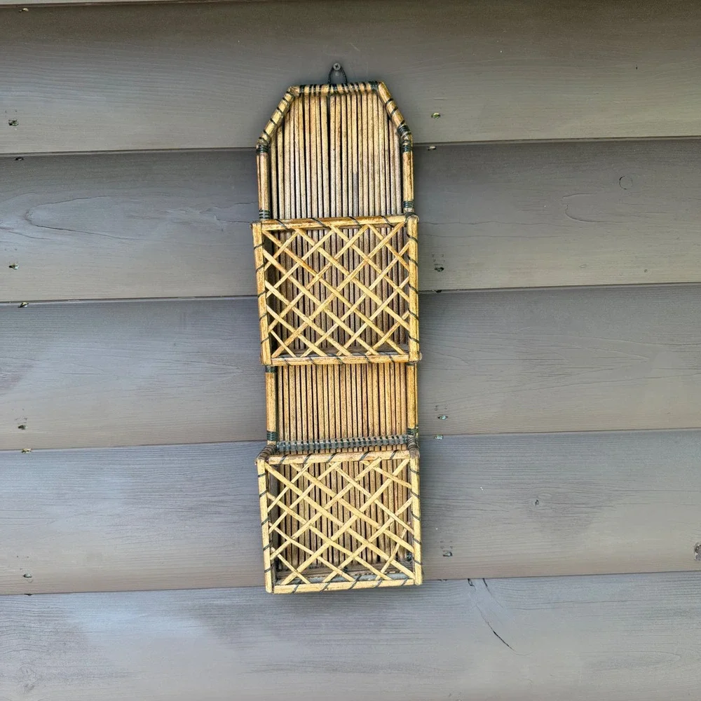 Vintage Bamboo Rattan Wall Pocket Organizer 2 Tier Mail Letter Holder Boho Decor